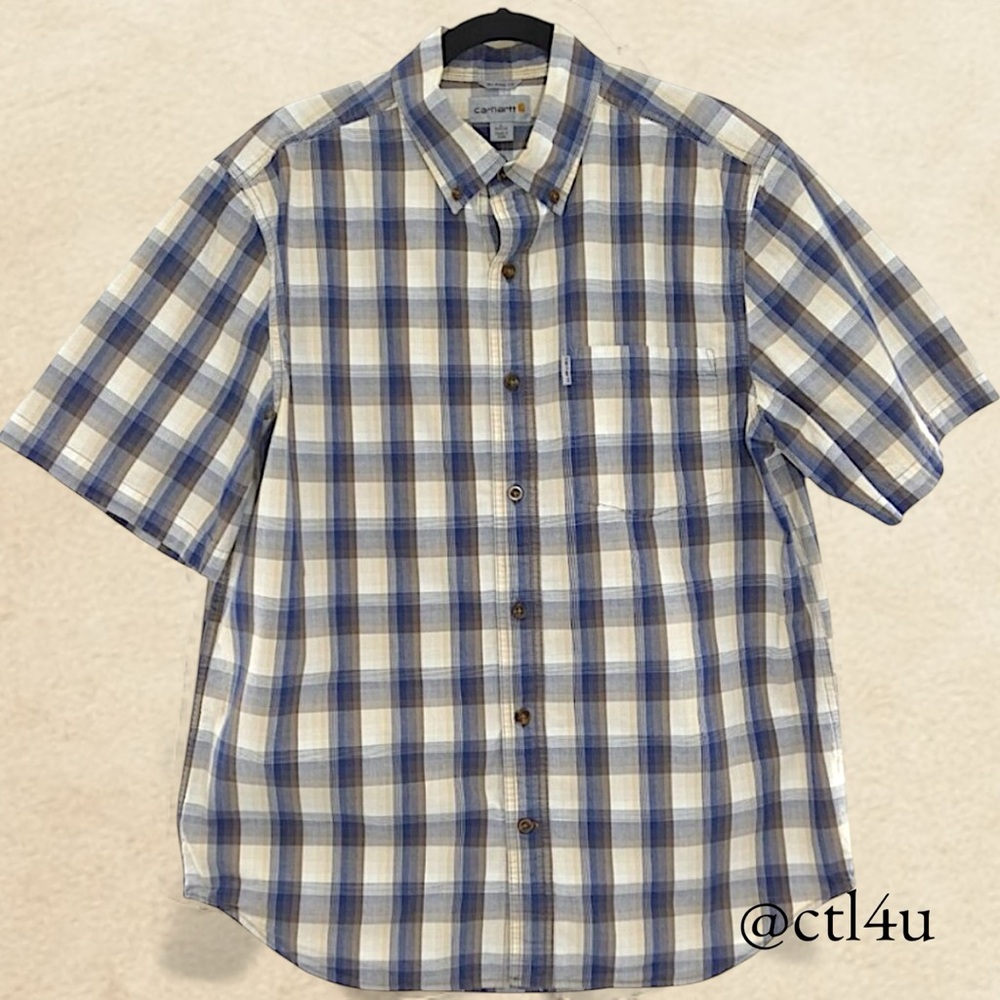 Carhartt Blue and Brown Plaid Relaxed Fit Button Down Short Sleeve Men"s Sizes L